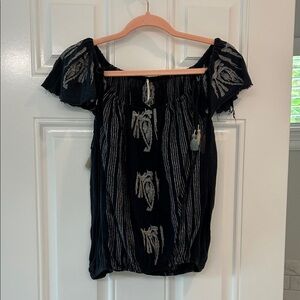 Free People Black and White Embroidered Blouse
